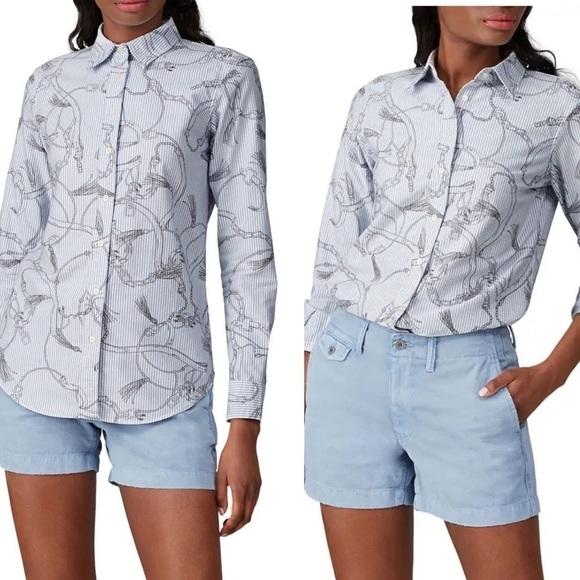 Lauren Ralph Lauren Belt Print Button Down Striped Preppy Blouse Large - Picture 11 of 11